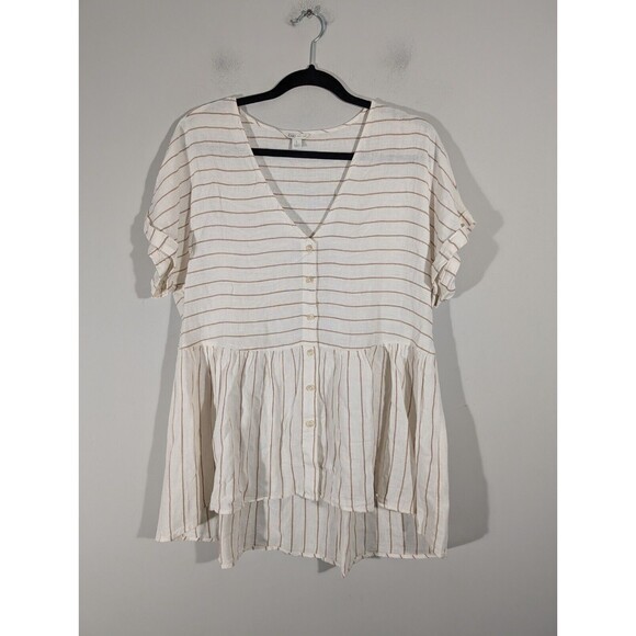 Cato Top Women Sz L Striped Short Sleeve V-Neck Boho Button Down Tunic Lagenlook - Picture 1 of 7